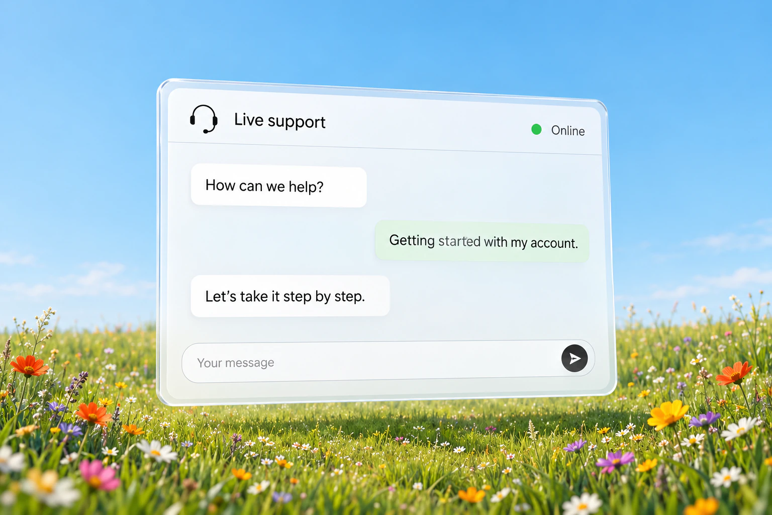 Live support conversation above a sunny wildflower meadow.